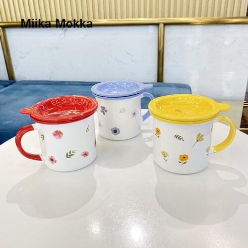 Yellow Blue Red Color Cup 380ml Cute Kawaii Flower Ins Ceramic Cup Student Korean Style Cartoon Mug with Lid Milk Water Cups