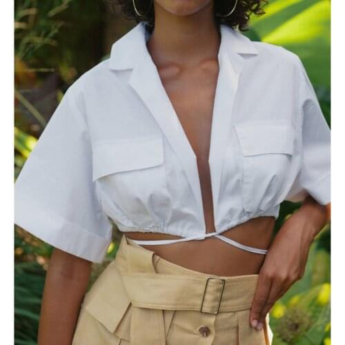 Women White Cotton Crop Tops Blouses Notched Drawstring Loose Short Sleeve High Street Top Quality