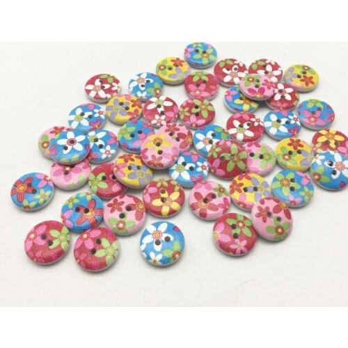 100pcs 15mm Flowers Mixed Painted Round Wood Buttons For Scrapbooking Decorative 2 Holes Button DIY Crafts Sewing Accessories