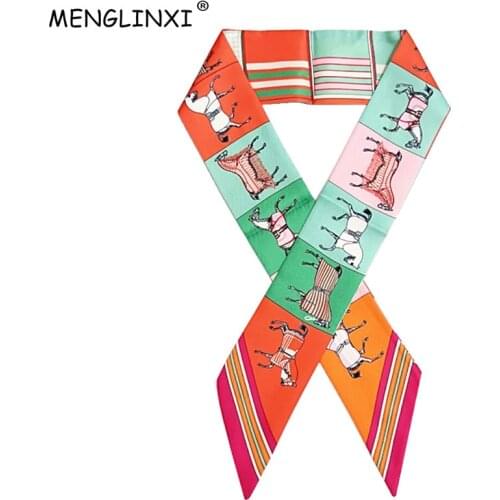 2021 New Scarf For Women Horse Plaid Printing Skinny Bag Scarf Brand Silk Foulard Women Tie Fashion Head Scarves For Ladies