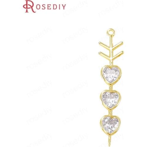 40554)4PCS 27x3MM Hole 1MM 24K Gold Color Brass and Zircon Love Charms Pendant Jewelry Making Supplies Diy Findings Accessories