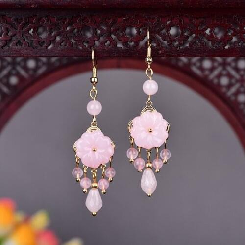 Dignified Temperamental Lady Retro Earrings Translucent Fresh Powder Crystal Eardrop Original Classical Ancient Jewelry
