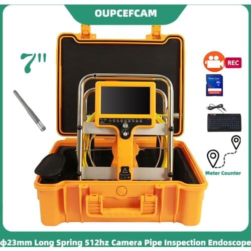 Φ23mm Long Spring Camera 512hz Transmitter Built-in Drain Sewer Pipe Inspection Endoscope 7" Screen DVR Keyboard Meter Counter