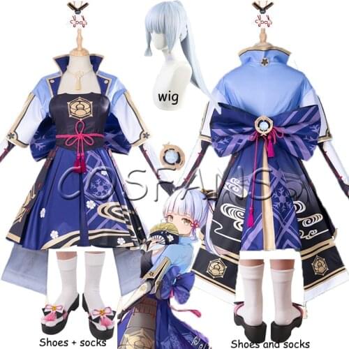 Hot Game Genshin Impact Kamisato Ayaka Cosplay Costume Carnival Halloween Costumes Women Party Sexy Dress Wigs and shoes