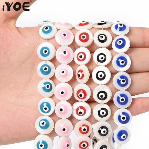 IYOE 34pcs/Lot 12mm Round Evil Eye Beads Irregular Flat Round Freshwater Shell Beads For Jewelry Making Bracelet Supplies