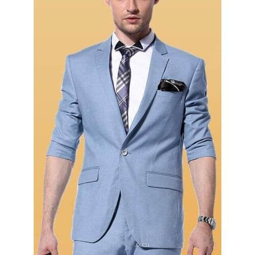 3 pieces Suit Side Vent Sky Blue Groom Tuxedos Notched Lapel One Button Best Men Best Men Wedding Suit Prom Dresses (Jacket