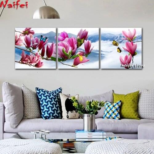 Snow mountain landscape pink magnolia triptych diamond painting kits,full lay diamond embroidery full square round drill mosaic