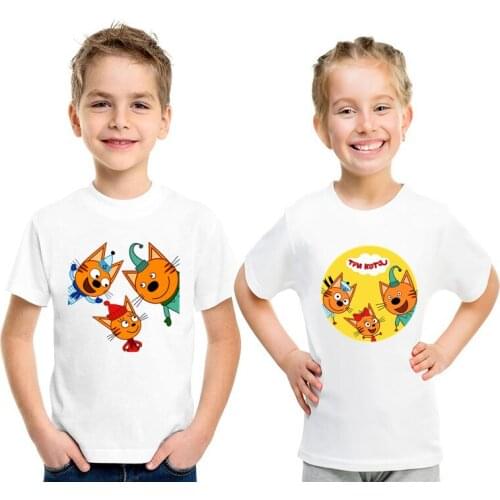 2021 New Summer Kids T-shirt Kid-e-cats Print Three Kitten Russian Cartoon Children T shirt Baby Girls Boys Clothes Unisex Tops