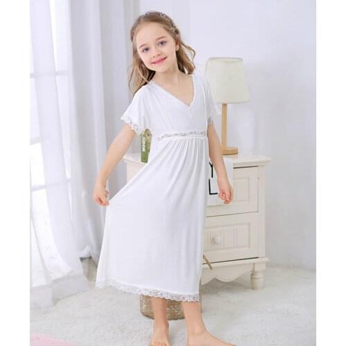 Girl sleepwear Clothing 6 8 10Year Girls White V Collar Cotton Long Sleepwear Dress baby girl clothes Summer Lace Nightgown