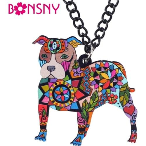 Bonsny Acrylic PIT BULL DOG Necklace Cartoon Pendant Chain Collar Choker Pendant Animal Fashion Jewelry For Women Girs New