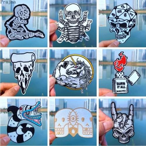 Prajna Punk Skull Patches Iron On Embroidered Patches For Clothing Black and white Sticker On Clothes Snack Stripe On Clothes