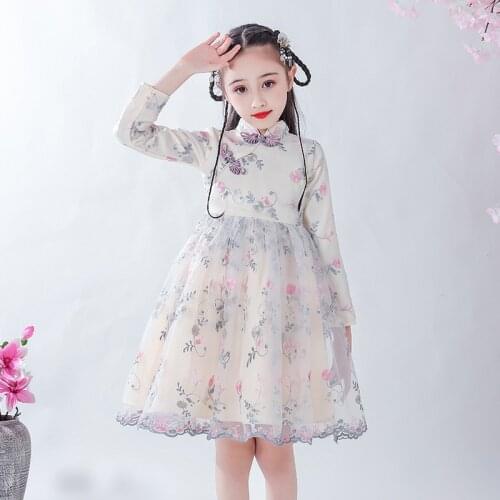 Chinese Girls Embroidery Cheongsam Chi-Pao Qipao Princess Wedding Party Dress Kids Perform Photography Dresses New Year Costume