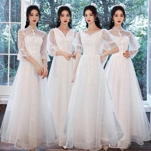 Bridesmaids Dresses Illusion Short V-Neck Embroidery Button A-Line Lace Tulle Floor-Length White Women Wedding Party Gown E687