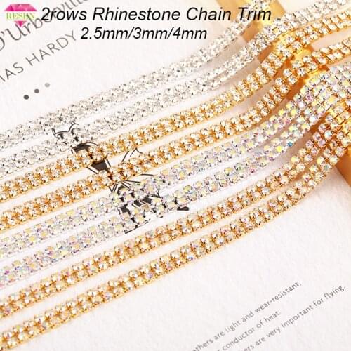 RESEN 2rows Sliver/Gold Bottom Crystal AB Rhinestone Chain Trimming Glass Cup Chain For Wedding Dress Decoration Trim Applique