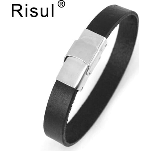 Risul simple men 10mm blank black Leather Male bangle Stainless steel original safe buckle clasp bracelets wholesale 50pcs