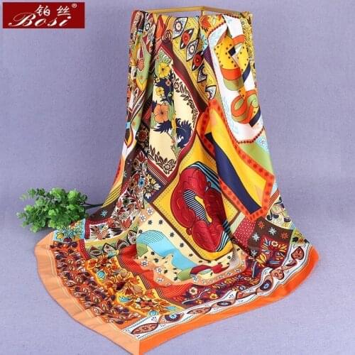 100%Silk scarf feel women Square shawl luxury brand winter lattice large letter print stoles bufanda echarpe new long oversize