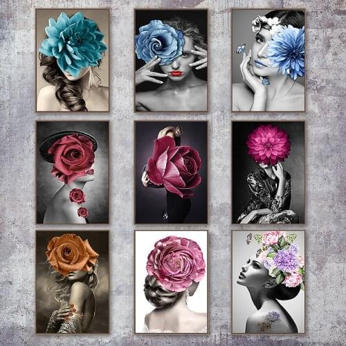 Scandinavian Flower Woman Canvas Painting Nordic Modern Bstract Posters and Prints Wall Art Pictures for Living Room Decoration