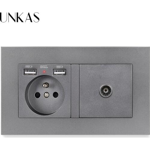 UNKAS PC Plastic Panel Enchufe Pared USB Wall Power 16A French Standard Electrical With Female TV Jack Television 146MM * 86MM