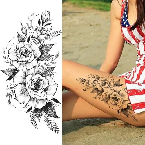 Beautiful Flower Temporary Tattoos Sticker Fake Black Rose Tattoos Waterproof Fashion Body Art Arm Tattoos Decal For Women Girl