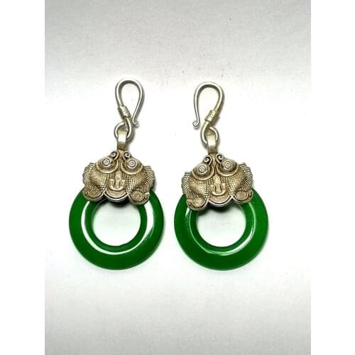 YIZHU CULTUER ART Collection a Pair Old China Tibet Silver Hand-made Inlay Jade Fish Eardrop Dangler Decoration Gift