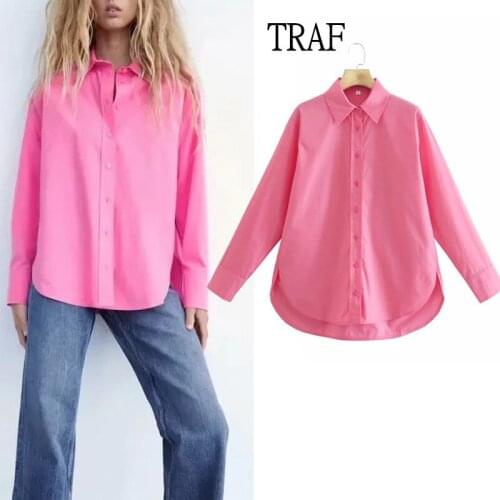 TRAF Za Top Woman Blouses Button Up Shirt 2021 Autumn Pink Shirt Long Sleeve Loose Blouse Asymmetric Hem Chic White Shirt Blusa