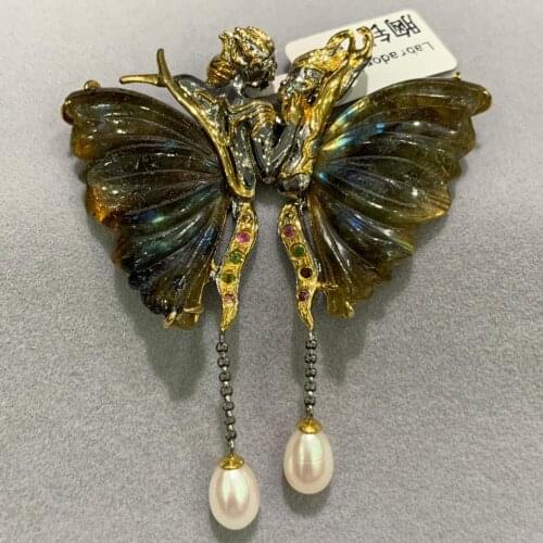 Natural semi-precious stone butterfly brooch pins & pendant double use 925 sterling silver insect fine women jewelry only 1