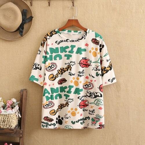 Plus Size T Shirts O-Neck Knitted Cotton Graffiti Print Tops Looser Leisure Short Sleeves Extra Large Size Fatwomen For Summer