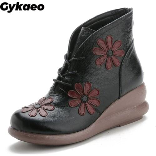 Gykaeo Winter National Style Retro Handmade Women Boots Mother Warm Plush Genuine Leather Shoes Ladies Botas Mujer Invierno 2020