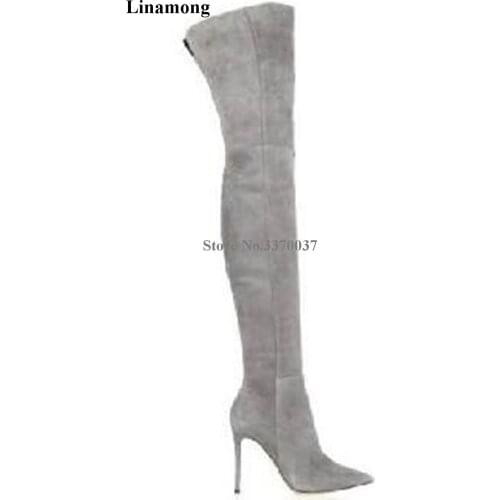 Ladies Sexy Pointed Toe Suede Leather Over Knee Thin Heel Boots Grey Beige Blue Slim Long High Heel Boots Club Dress Shoes