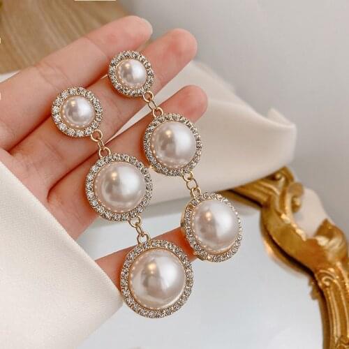 2021 New Fashion Exaggerated Rhinestone Earrings For Women Oversizes Pearl Temperament Earrings Personality Long Style Eardrop