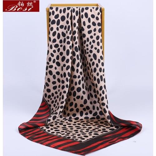 BOSI Fashion Silk Dot print Square Satin big 90*90cm hijab Chain Scarf for Women Leopard print Luxury Brand red Shawl Scarves