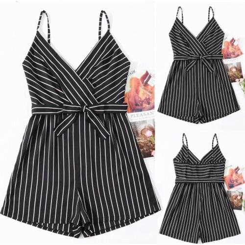 40# Casual Striped O Neck Short Sleeve Playsuit Summer Elastic Waist Slim Back Lace Up Women Jumpsuit Female Streetwear Overalls