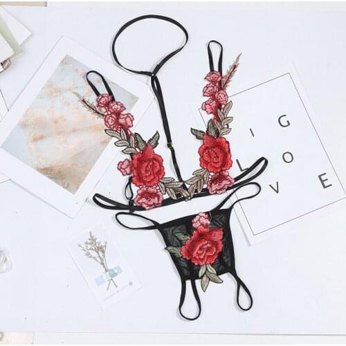 Women Sexy Bra Brief Set G-string Red Black Floral Embroidery Bralette Cupless Lace Bra Bustier Lingerie