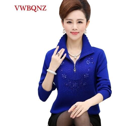 Middle-aged Women Wool Sweater Coat Plus size 4XL Autumn Winter Loose Stretch Soft Zipper Female Sweater Casual Pullover Tops