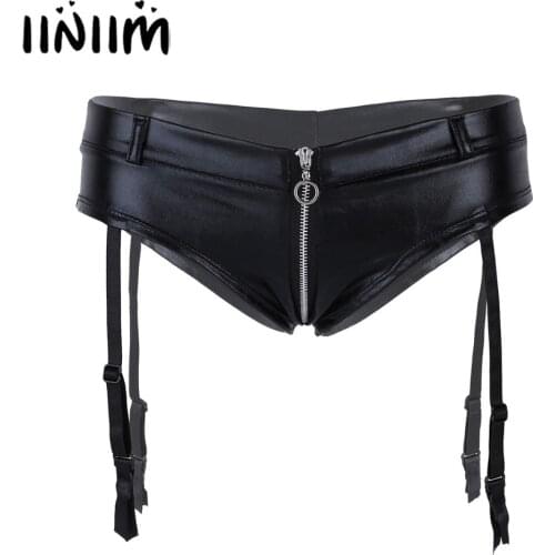 Women Lingerie Faux Leather Zipper Crotch Low Rise Briefs Underwear Woman Panties with Garters for Evening Club Party Costumes