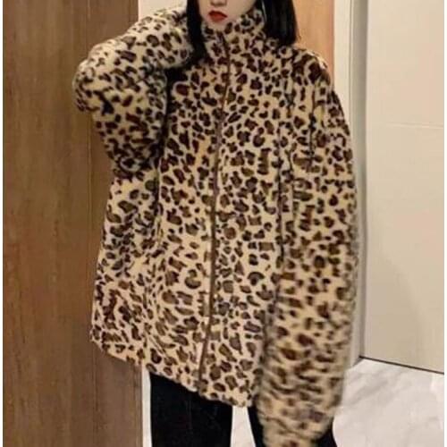 Winter New Korean Students Chic Coat Women Hong Kong Style Leopard Loose Villus Female Warm Jacket ZO1693