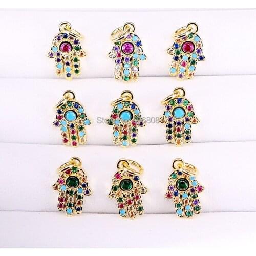 10PCS ZYZ-P2329 Mini Rainbow Cubic Zirconia Hamsa HAND/Key/Drop Charms, Micro Pave CZ Hamsa Hand Pendant, Finidings