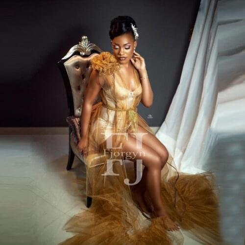 Glitter Gold Tulle Overlay Dress Sleeveless Long Sheer See Through Rufles Aso Ebi Wedding Bridal Tulle Robe Plus Size