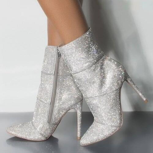 Shinny Silver Crystal Ankle Boots Women Pointy Toe Stiletto Thin High Heels Rhinestone Glitter Winter Pump Shoes Woman Plus Size