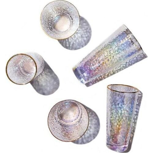 Japanese Style Colorful Glass Cup New Hammer Wood Grain Golden Rim Tea Cup Juice Water Cup Office Household Drinkware