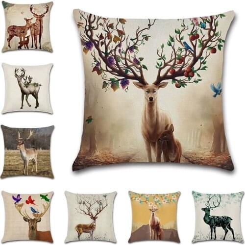 Cartoon Elk Deer Flower Print Beige Cushion Cover Decorative Home Sofa Chair Car Seat Friend Kids Bedroom Gift Pillowcase Throw