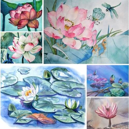 Colored Drawing Lotus Pond Diy 5D Diamond Painting Flowers Full Square and Round Embroidery Mosaic Stitch Wall Art Home Decor