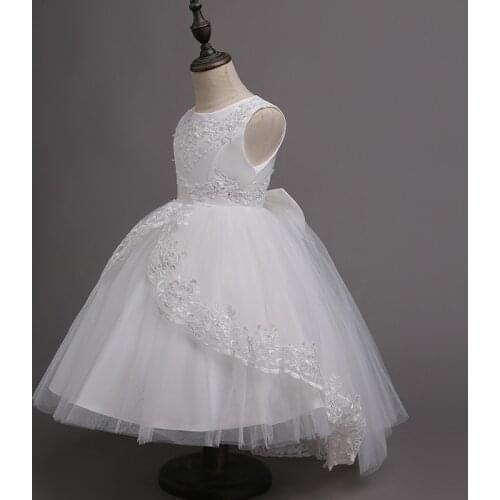 Children Girl Wedding Flower Girl Wedding Ball Dress Bow beaded formal dress sleeveless white Lace Applique dress 4~14 yrs teens