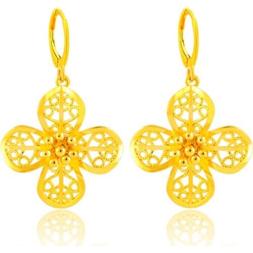 Romantic Women Earrings 24k Yellow Gold Color Fashion Flower Hoop Earrings Female Lady Luxury Jewelry