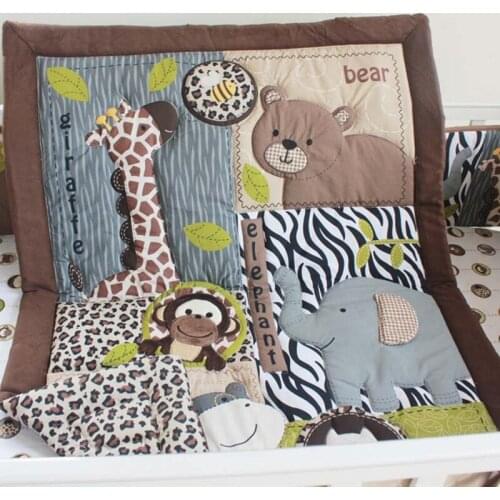 Ins Baby Bedding Set 7Pcs Cute Boy Crib Bedding Set Baby Quilt Cot Bedding Set cartoon animal Bear Giraffe Owl 100% cotton