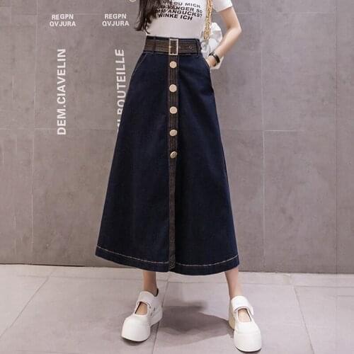Korea Fashion Button Long Womens Skirt With Belt Autumn 2020 A-Line Single Breasted Pockets Slim Denim Skirt Streetwear Bottoms