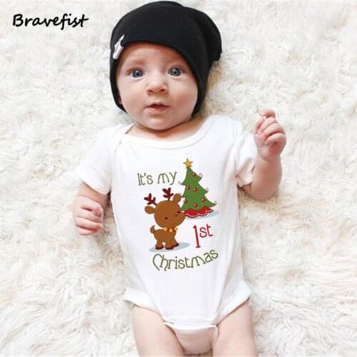 Cartoon Summer Baby Jumpsuit It Is My First Chirstmas Baby Romper 0-1 Years Old Sika Deer And Tree Print Kids Outfits Onesizes