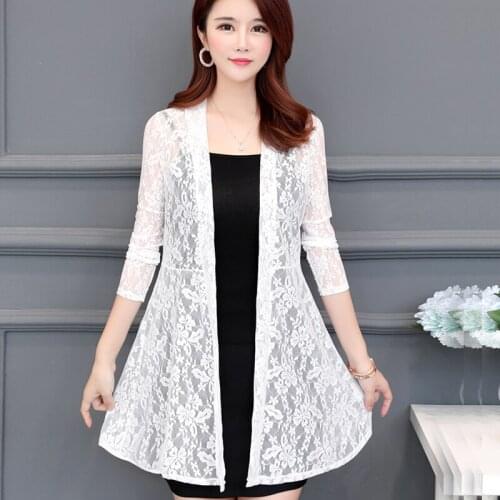 Summer Cardigan Coat Women 2021 Thin Nine Quarter Sleeve Ladies Hollow Out Lace Blouse Shirt Plus Size Sunscreen Clothes