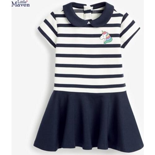 Little Maven 2021 New Summer Baby Girls Clothes Brand Dress Toddler Cotton Striped Unicorn Print Dresses for Kids 2-7 Years