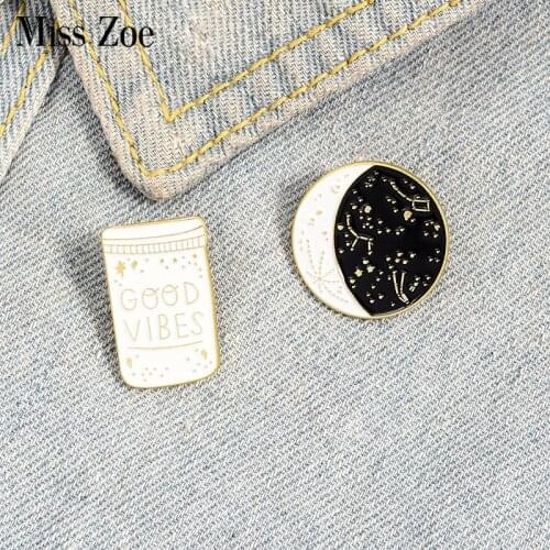 Miss Zoe GOOD VIBES Enamel Pins constellation Starry Night Brooches Collar Pin Buckle Shirt Star Moon Badge Gift for Kids Friend